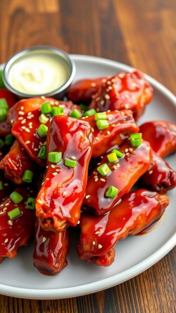 Spicy Szechuan duck wings garnished with green onions and sesame seeds, served with a dip on a wooden table.